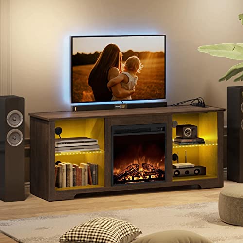 Rolanstar Fireplace TV Stand 57.9&quot; with Led Lights and Power Outlets, TV Console for TVs up to 65&quot;, Entertainment Center with Adjustable Glass Shelves, Walnut - 1649286805