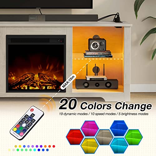 Rolanstar Fireplace TV Stand 57.9&quot; with Led Lights and Power Outlets, TV Console for TVs up to 65&quot;, Entertainment Center with Adjustable Glass Shelves, Walnut - 1649286805