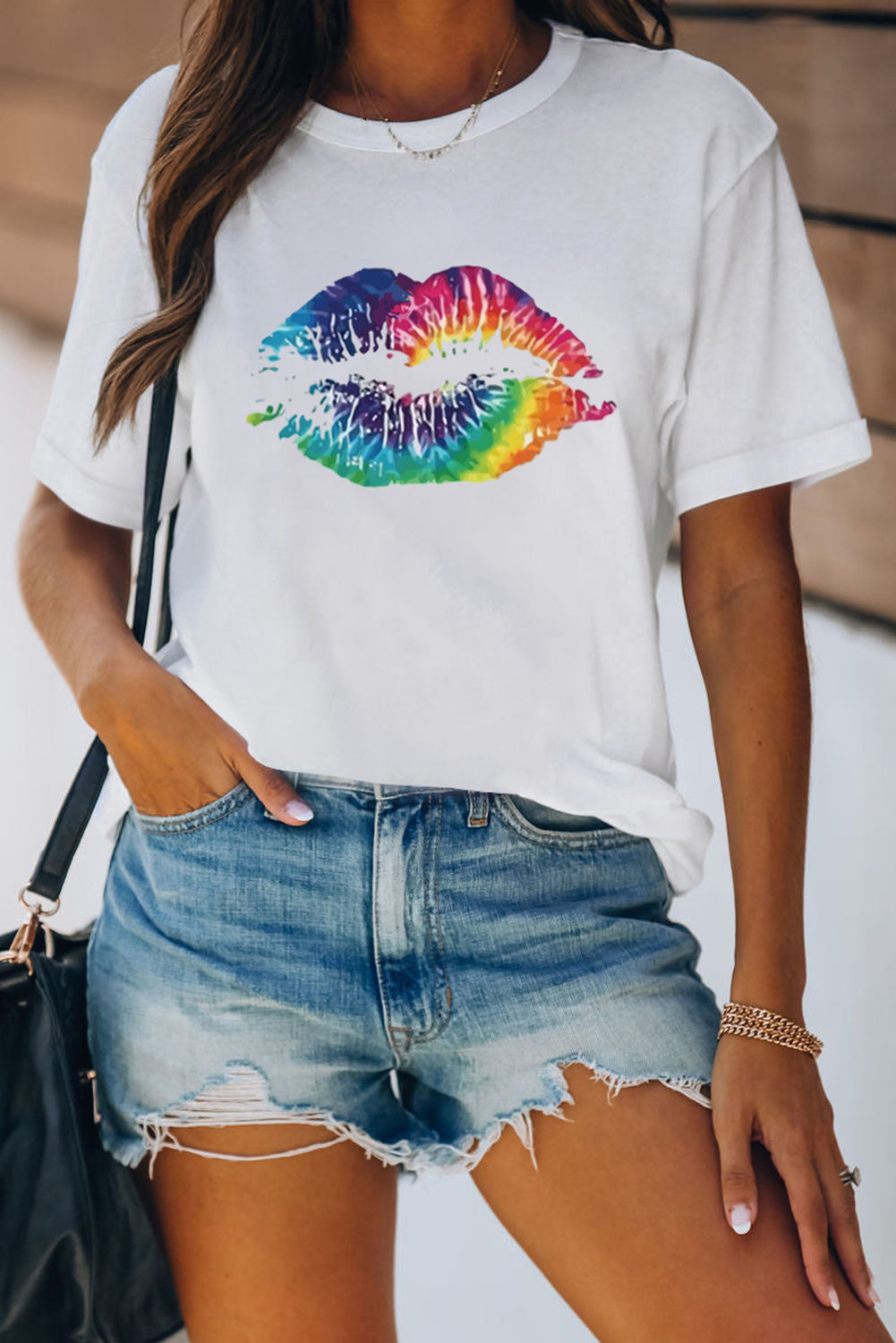 White Tie Dyed Lip Shaped Print Short Sleeve T Shirt
