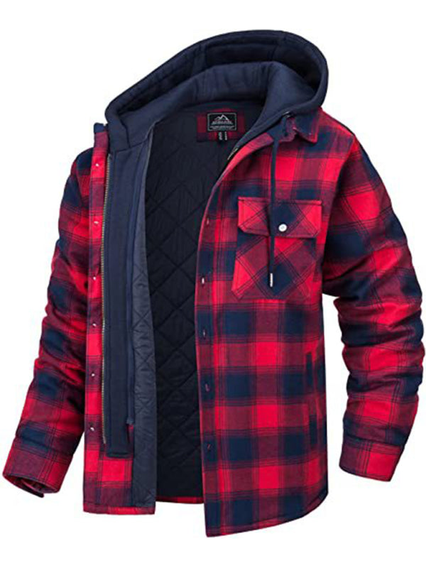 Men casual Padded Plaid  Hooded Jacket