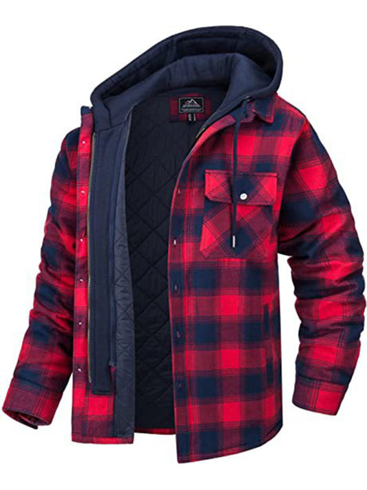 Men casual Padded Plaid  Hooded Jacket