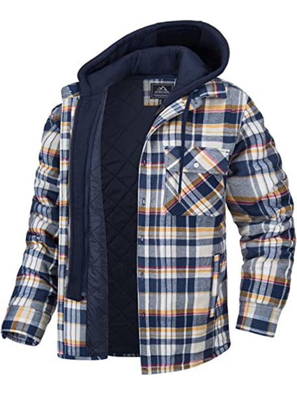 Men casual Padded Plaid  Hooded Jacket
