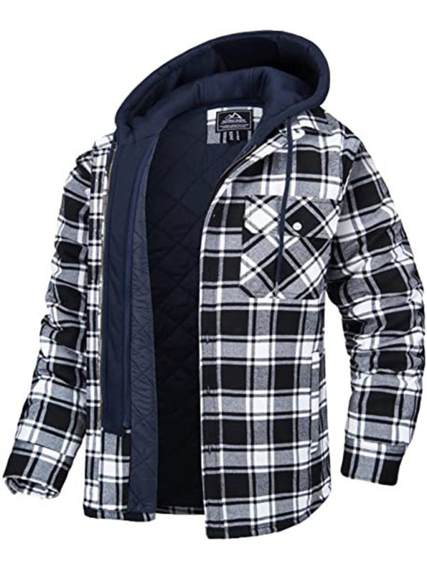 Men casual Padded Plaid  Hooded Jacket