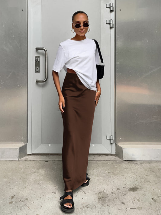 Elegant high-waisted satin satin long skirt