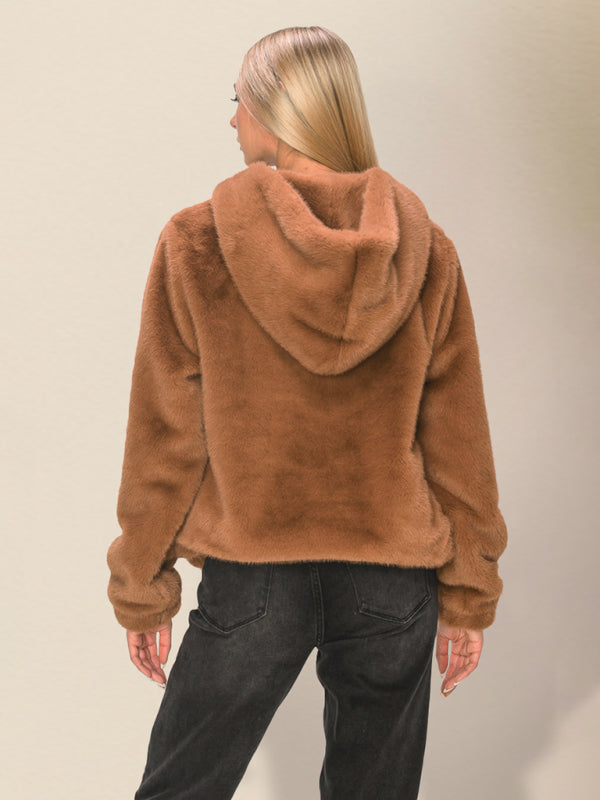 Women's loose hooded zipper plush jacket