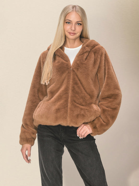 Women's loose hooded zipper plush jacket